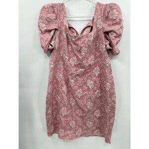 SHEIN 1XL Floral Jacquard Mini Dress Womens Pink Puff Sleeve Sweetheart Neck
